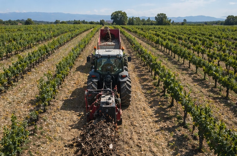 Machine d'arrachage des ceps de vigne en action
